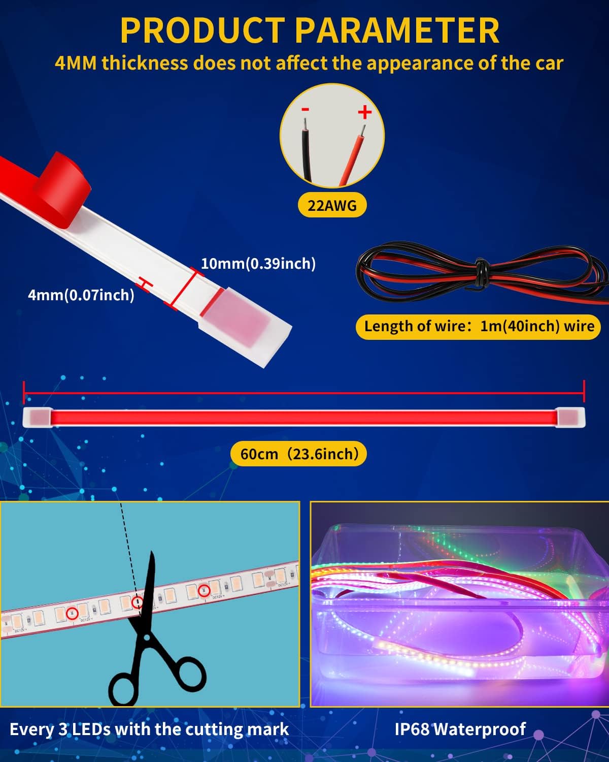 Pink Led Strip Lights,24inch 12V Interior Light Strip IP68 Waterproof Cuttable for Car Motorcycles Boat Golf Cart Truck Cargo Home Decoration with Strong Nano Tape(4PCS)