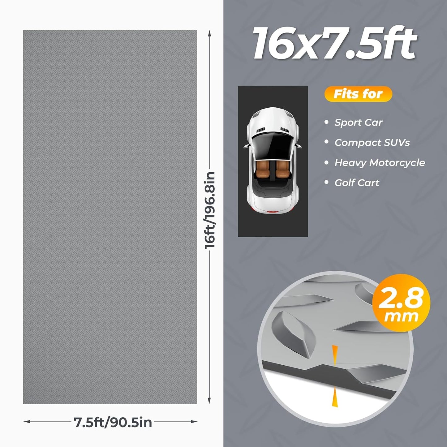 7.5 x 16 FT Garage Floor Mats for Under Car, 2.8mm Thickened Rubber Flooring Roll, S Size 120 SQFT Mat for Compact SUV, Sports Car
