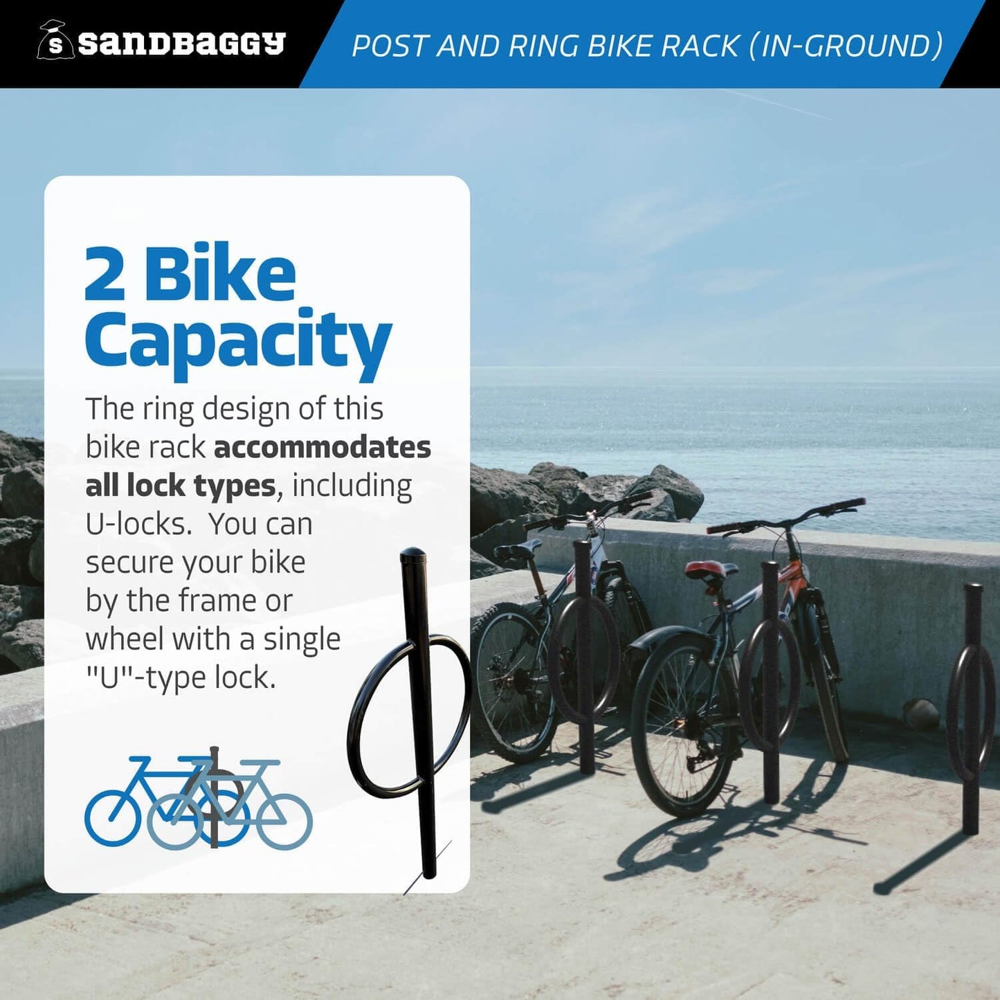 Sandbaggy Post and Ring Rack - In Ground - Commercial Outdoor Bike Parking & Storage Racks (White, 2)