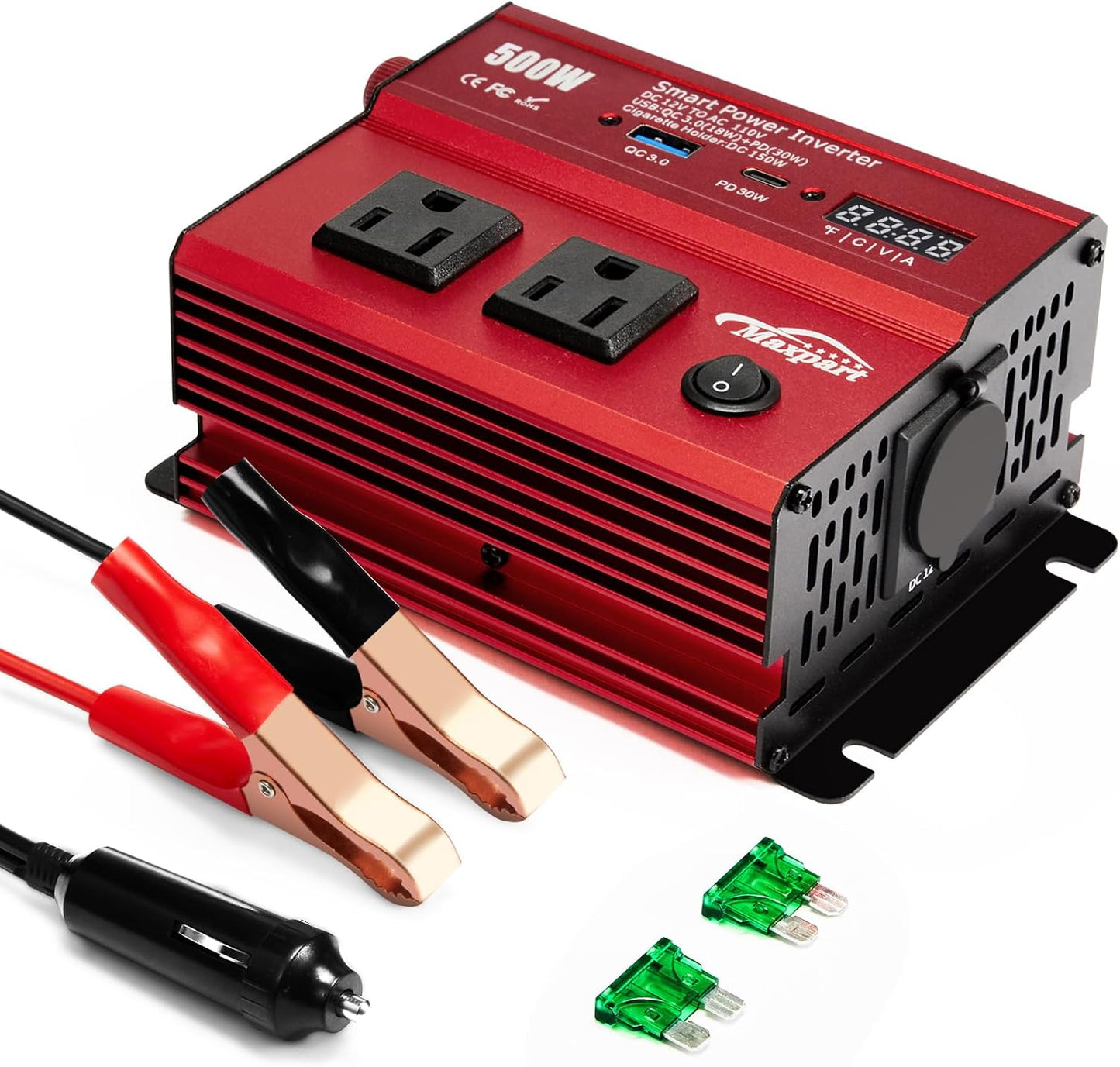 500W Power Inverter, Car/Light Truck 12V DC to 110V AC Converter USB and 3.0A USB and Type-C Ports Car Charger Inverter with Cigarette Lighter Ports for Smartphones Laptops Tablets