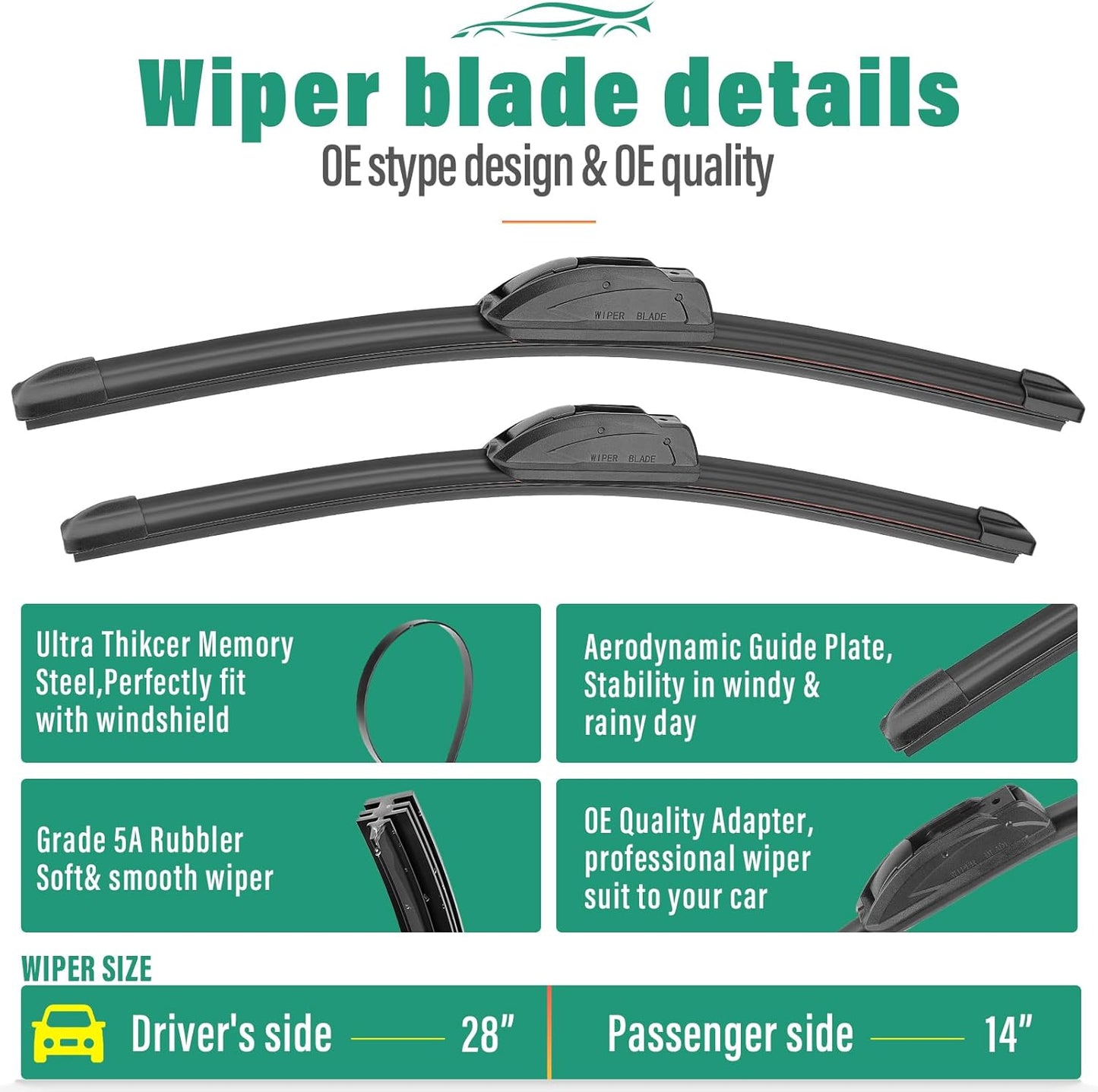 28" 14" 12" Windshield Wiper Blades Replacement for Toyota Corolla Hatchback 2019 2020 2021 2022 Premium All Weather Front Rear Wipers Set - OEM Quality (Pack of 3)