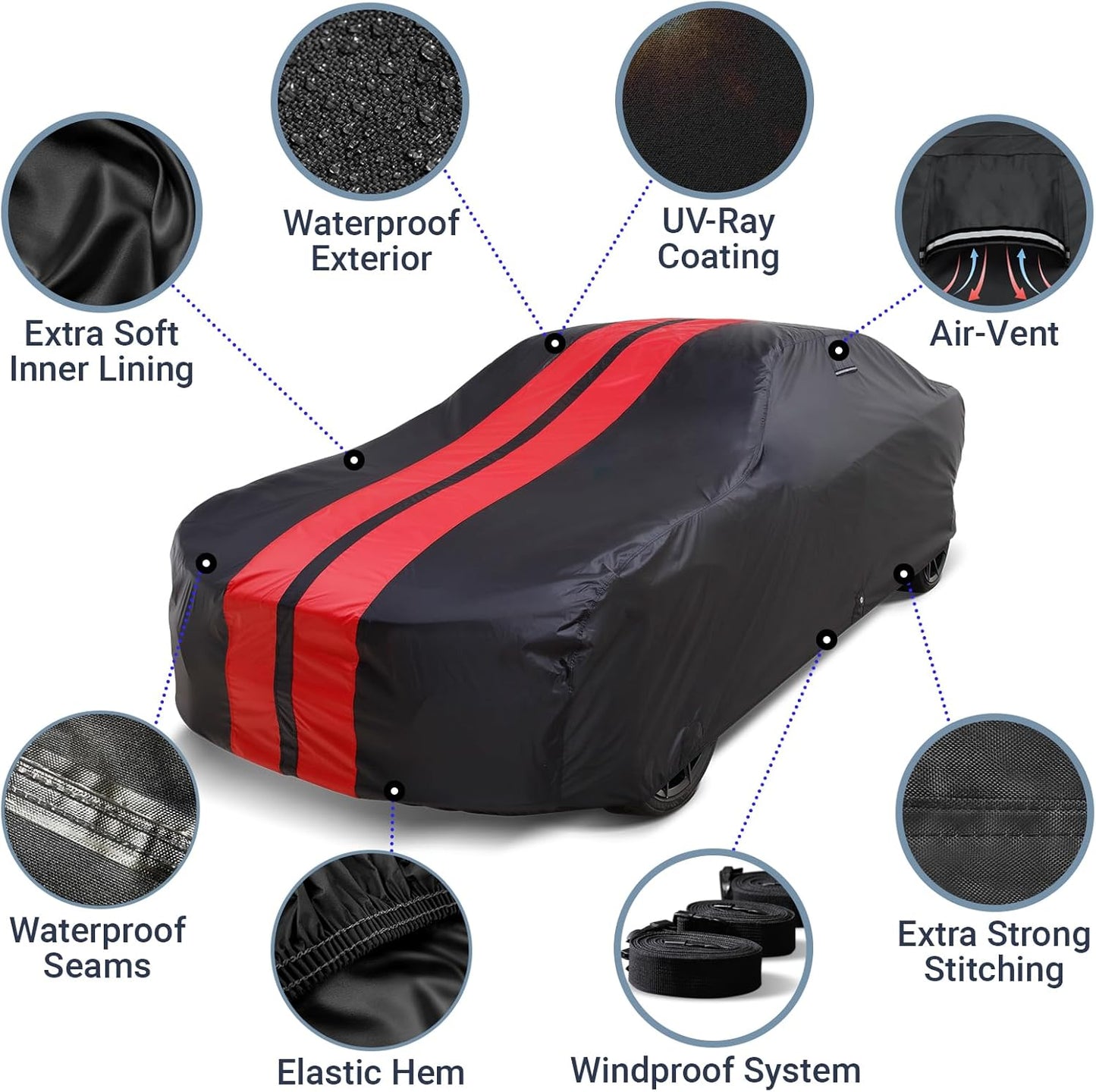 iCarCover Custom Car Cover for Pontiac Lemans 4-Door (1973-1977) Waterproof All-Weather Rain Snow UV Sun Protector Full Exterior Indoor Outdoor Car Cover (Stripe - Black/Red)