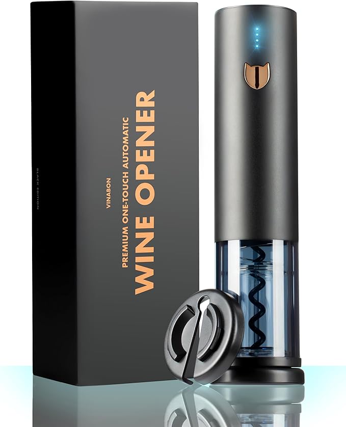 VINABON Electric Wine Opener 2026 - One-Touch Automatic Wine Bottle Opener Corkscrew - Rechargeable (Up to 100 Bottles/Charge) with Foil Cutter Stand, LED Indicator. Includes Wine Guide eBook