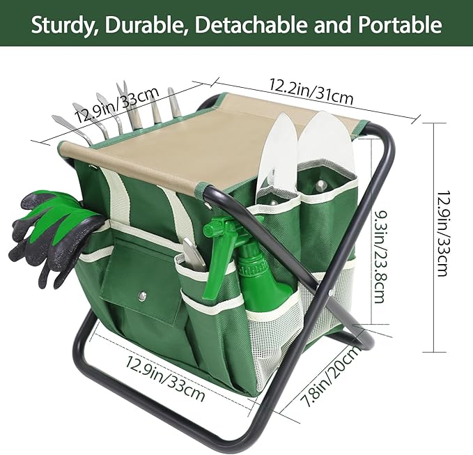 Garden Tool Set, 10 Piece Kit with Heavy Duty Folding Stool, Detachable Storage Tote Bag, Stainless Steel Tools, Gifts for Women Men Green