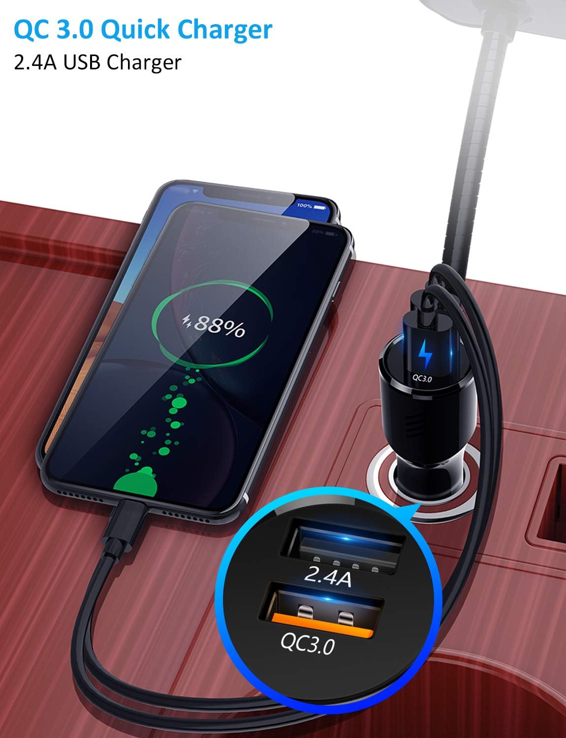 TSNAM Bluetooth FM Transmitter Car Adapter,Support Wireless Handsfree Call and MP3 Music/APP Audio Play,1.8" Color Screen,3 USB Charger,3.5mm AUX Port,Compatible with iPhone,iPad,Samsung and More