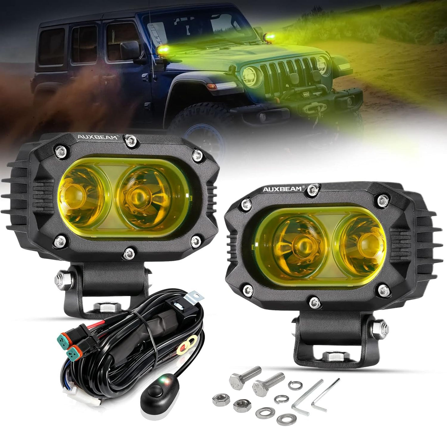 Auxbeam 4 Inch LED Amber Pod Light, 5050 Driving Light 60W Yellow Flood Beam Square Pod Fog Light with DT Wiring Harness for Motorbike SUV ATV Truck Jeep Boat Tractor Forklift (2 Pcs)