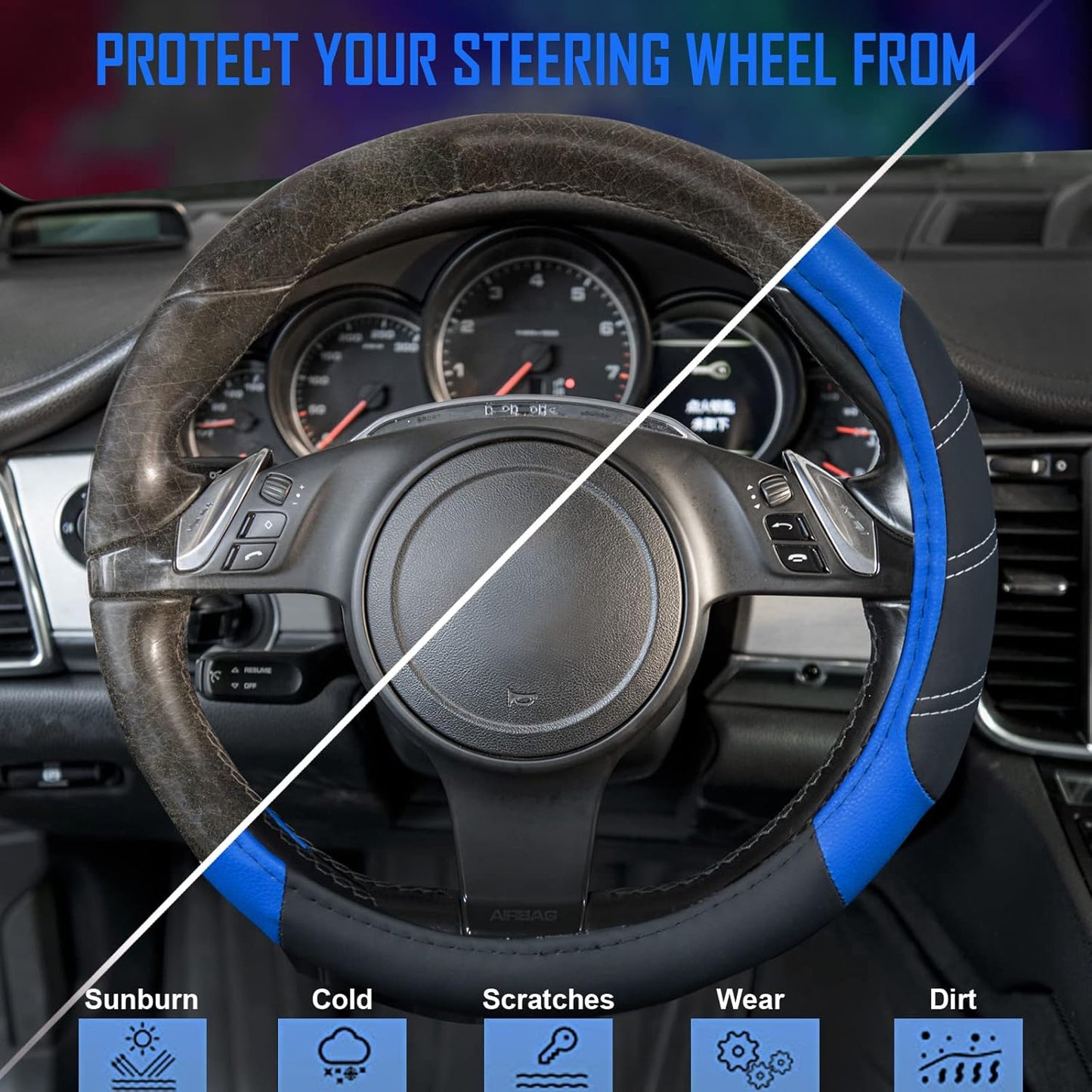 CAR PASS Line Rider Microfiber 14 Inch Leather Sporty Steering Wheel Cover Universal Fits for Truck,SUV,Cars, Anti-Slip Safety Comfortable Desgin (Black-Blue)