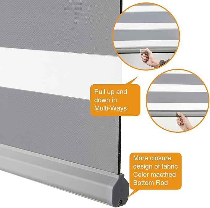 Persilux Cordless Zebra Blinds for Windows (36" W X 72" H, Grey) Free-Stop Windows Shades Dual Layer Light Control for Day and Night, Light Filtering Sheer Shades for Home, Easy to Install