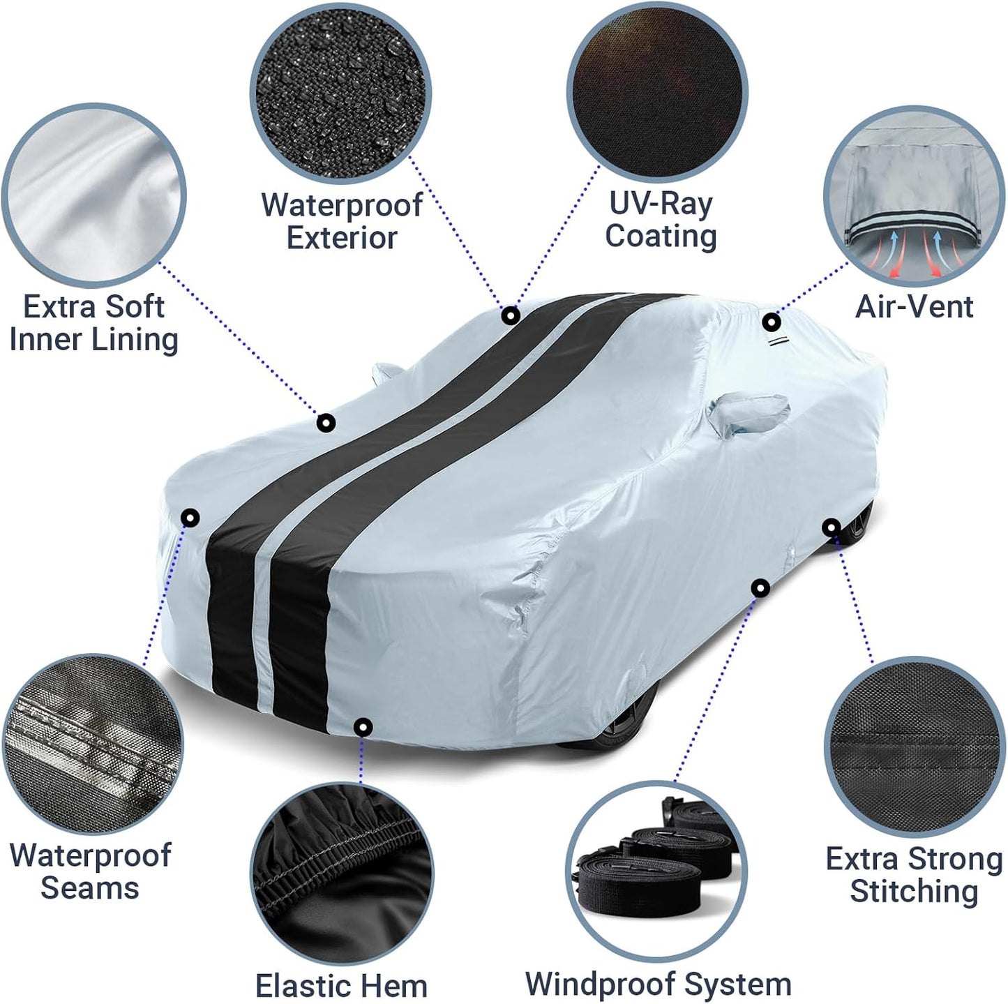 iCarCover Custom Car Cover for Chevy SS (2014-2017) Waterproof All Weather Rain Snow UV Sun Protector Full Exterior Indoor Outdoor Car Cover (Stripe - Gray/Black)