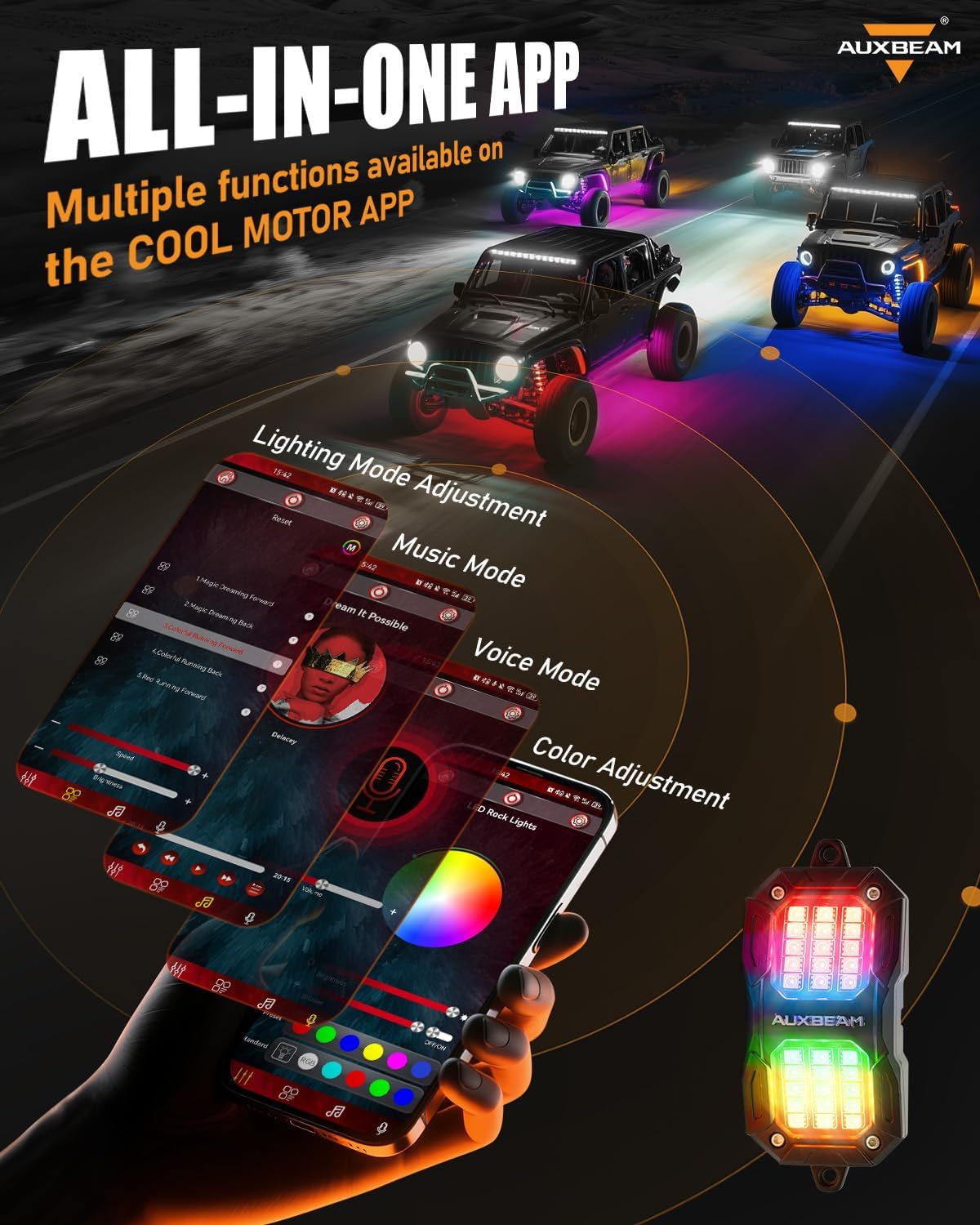 Auxbeam 2-Pod Dynamic Color Changing RGB LED Rock Lights for Trucks UTV ATV Boat Waterproof, Bluetooth&Remote Control Wheel Well Lights w/Brake Mode, 1 Year Warranty, (No Controller)