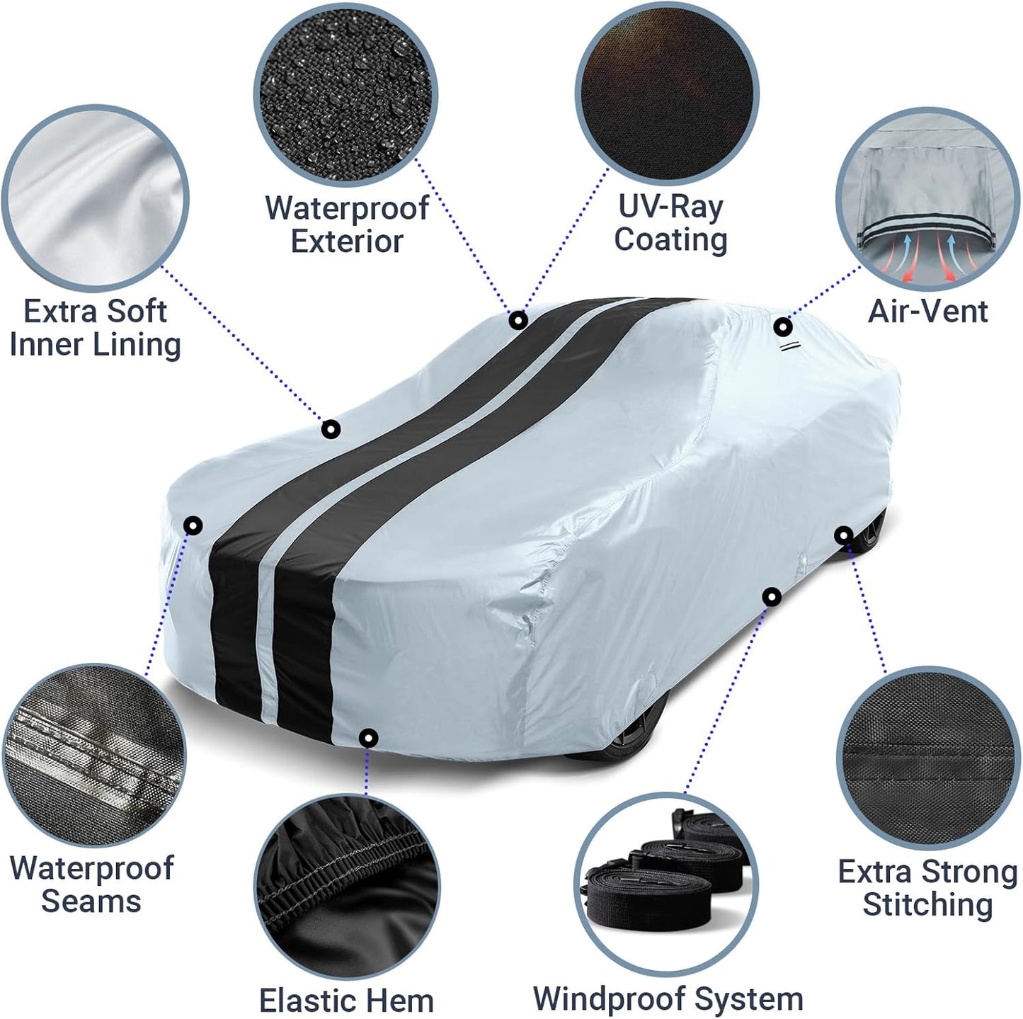 iCarCover Custom Car Cover for Chevy Caprice Wagon (1971-1976) Waterproof All Weather Rain Snow UV Sun Protector Full Exterior Indoor Outdoor Car Cover (Stripe - Gray/Black)
