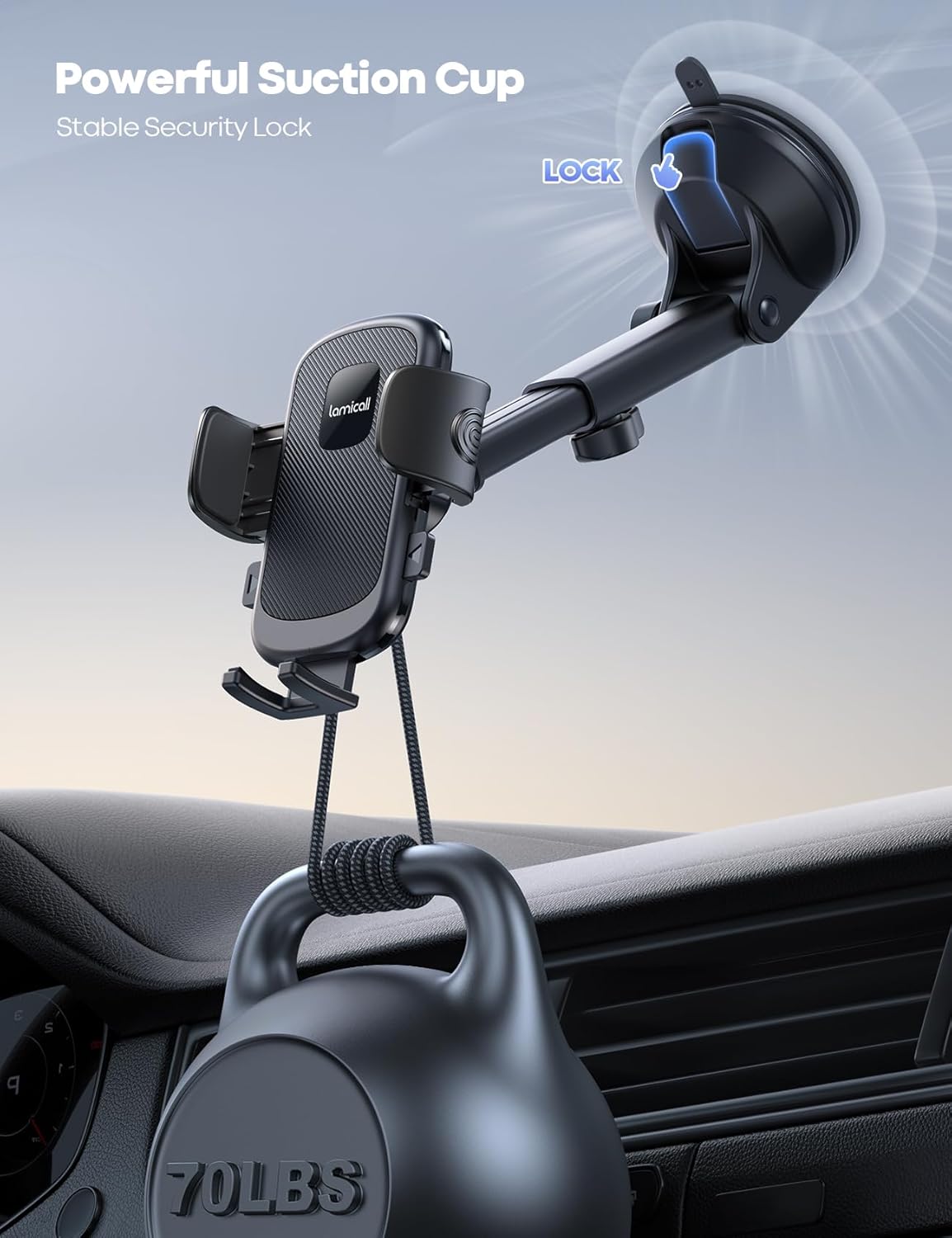 Lamicall Cell Phone Holder Car - [Ultra 70LBS Suction] Phone Mount for Car Quick Release Adjustable Car Phone Holder Mount Dashboard for iPhone Smartphone (Dark Grey)