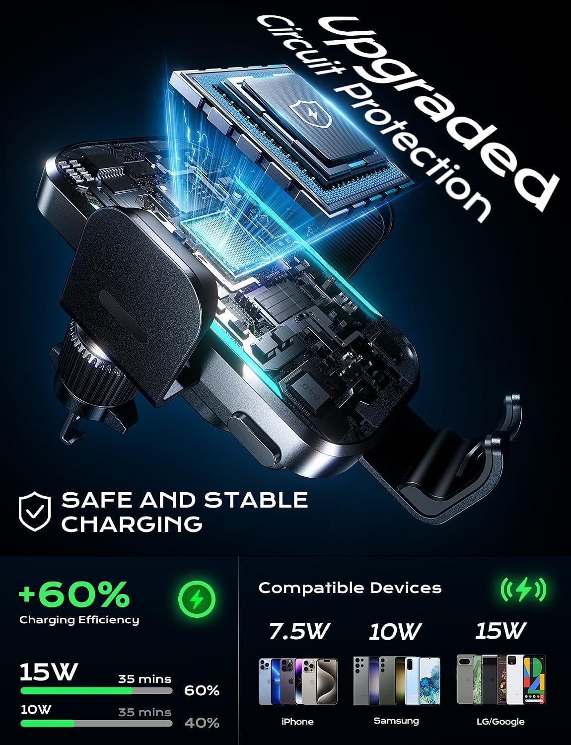 CHGeek 15W Wireless Car Charger – Auto-Clamping Qi Fast Charging Vent Mount with LED Light; Compatible with iPhone 13-16 & Samsung S22-S24 (Knight Black)