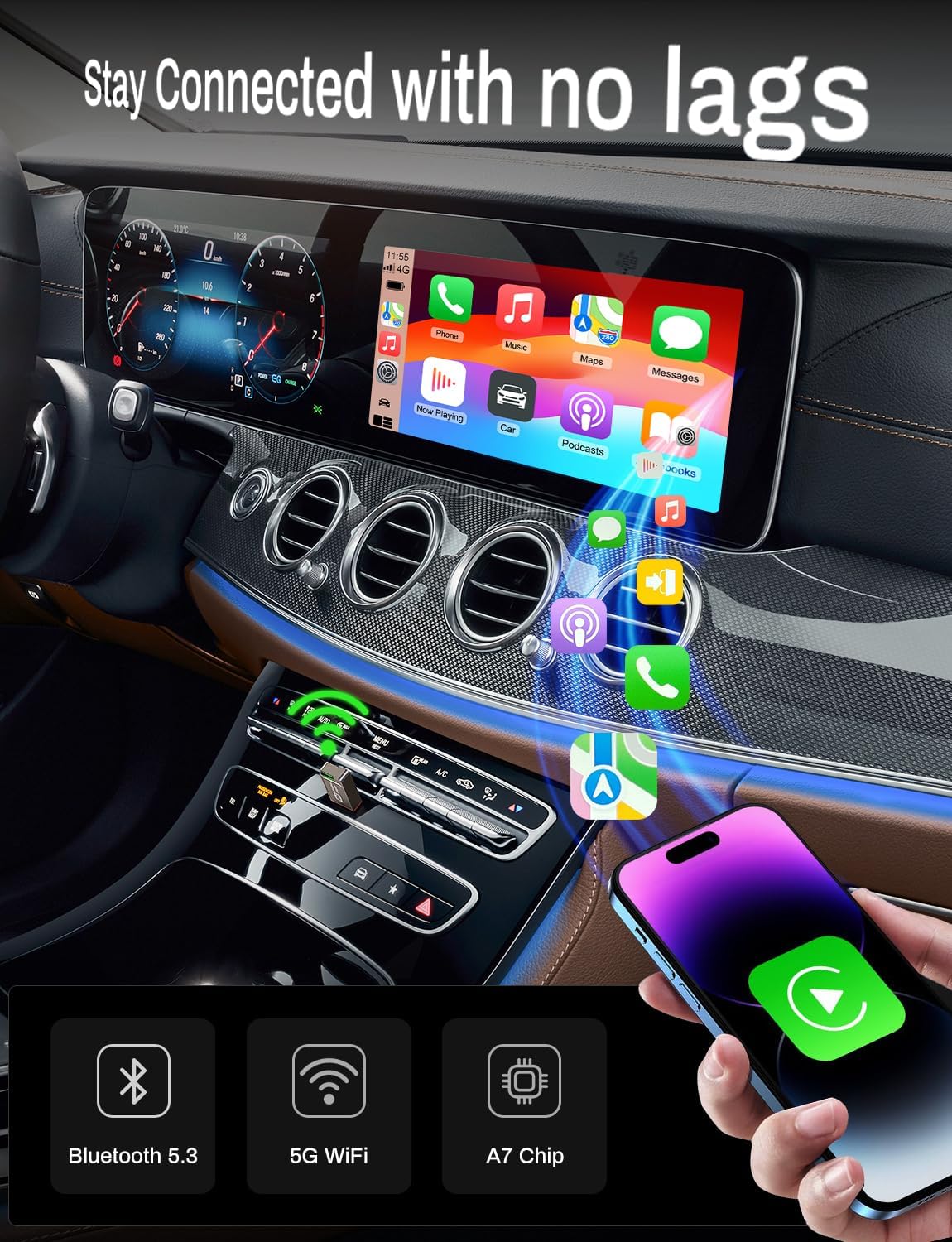 2-in-1 Wireless CarPlay Adapter Support Apple CarPlay & Android Auto, Mini Bluetooth USB A & USB C Dongle Convert Wired to Wireless Compatible with iPhone & Android