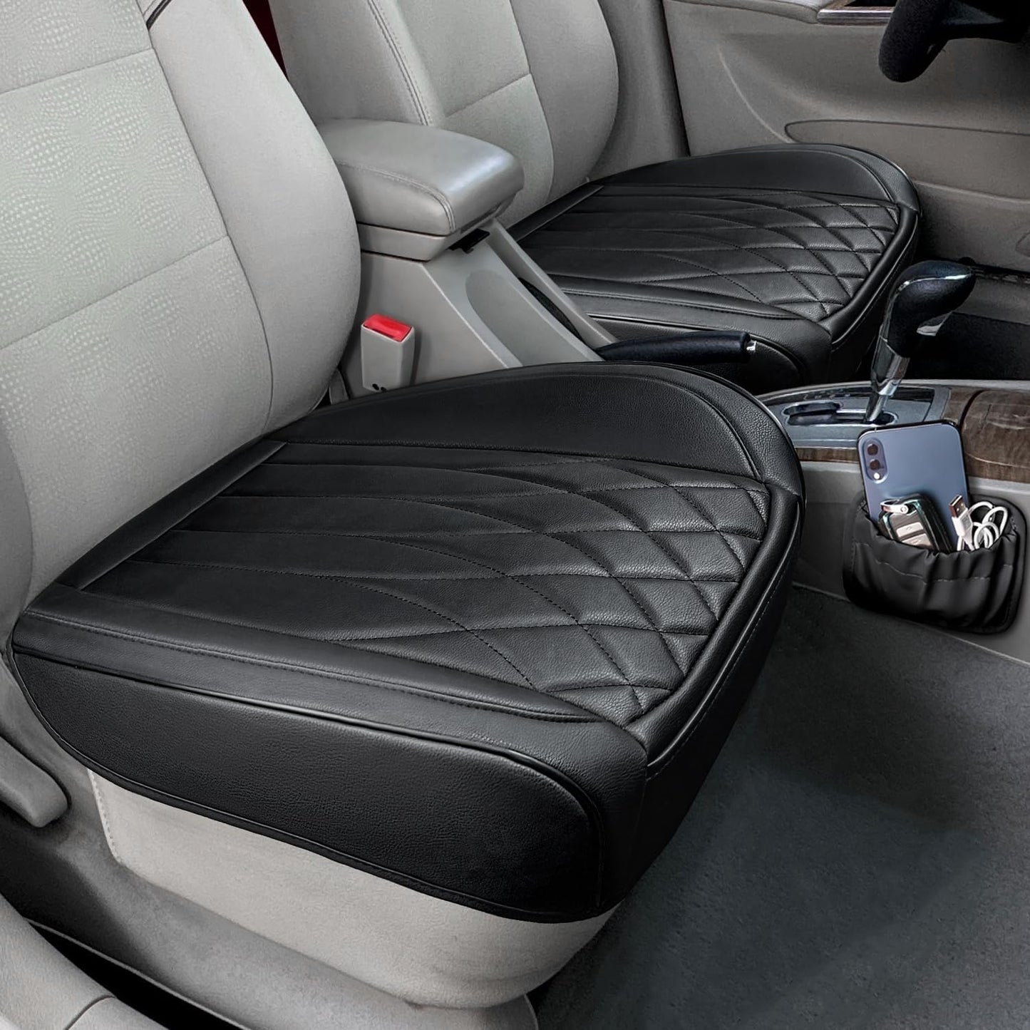 2 Pack Leather Front Car Seat Cover Bottom Car Seat, Universal Anti-Slip Driver Car Seat Protectors with Storage Pocket, Waterproof Bottom Auto Seat Cushion Pad Mat for Most Vehicles(Black)
