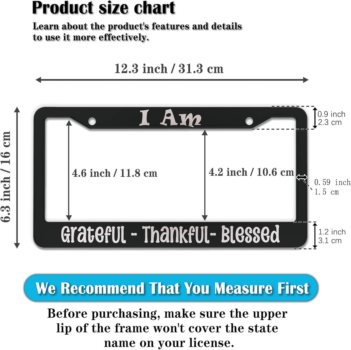 License Plate Frames Black and White Front License Plate Bracket I Am Grateful Thankful Blessed Aluminum Metal Car Accessory 2 Pack with Screw Covers Set