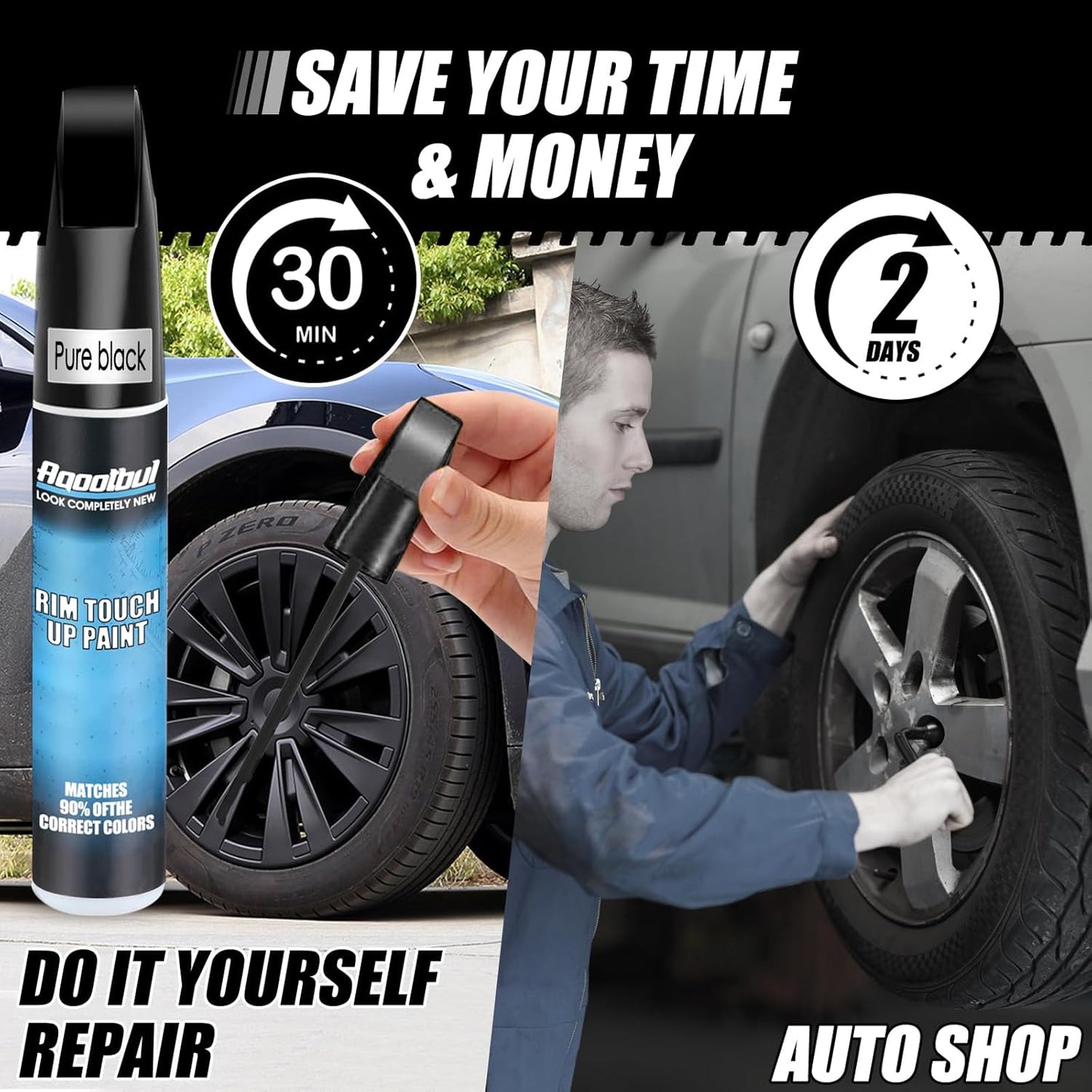 Rim Touch Up Paint - Car Wheel Repair Kit Curb Rash, Gloss or Matte Black Rim Touch Up Paint, Quick And Easy Wheel Scratch Repair Kit, Wheel Repair Kit Curb Rash (Pure Black + Varnish)
