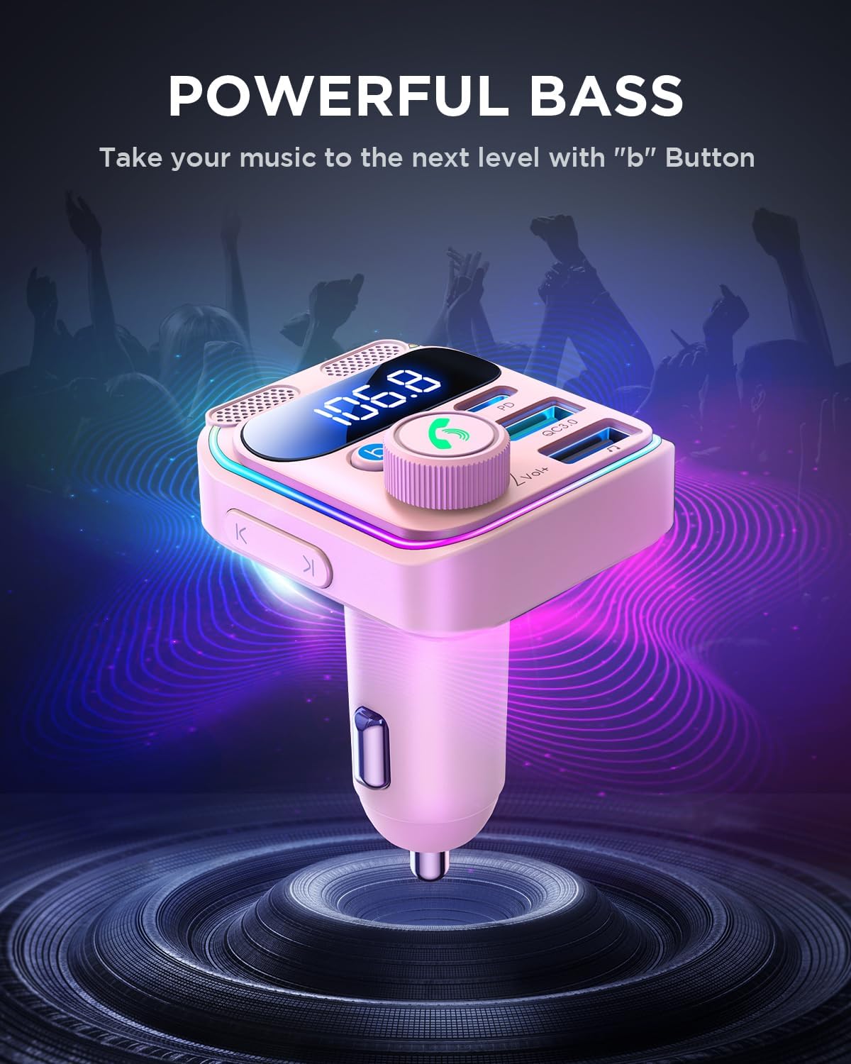 Bluetooth 5.4 Car Adapter FM Transmitter [Stronger Dual Mics & HiFi Deep Bass Sound] 81W PD & QC 3.0 USB C Car Charger Cigarette Lighter Adapter Hands-Free Calling Radio Support USB Drive