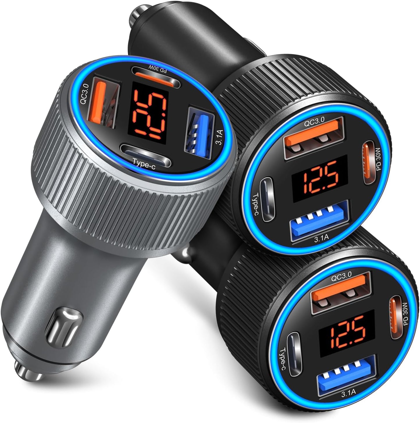 USB C Car Charger, 3 Pack 65W Dual 12V Car Power Adapter with Voltmeter QC+PD 3.0 Multi Port Fast Charging Cigarette Lighter USB Charger for iPhone 16 15 14 13 12 Pad Pro Max, Android(Black Gray)