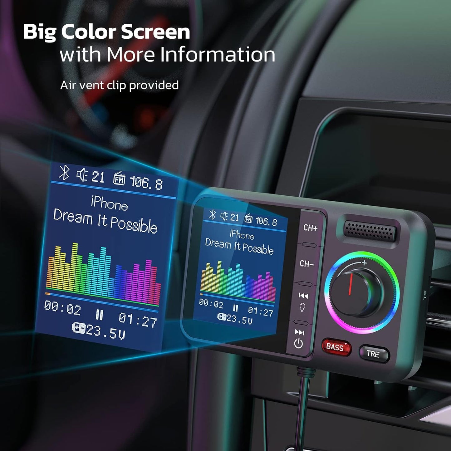 Nulaxy Bluetooth FM Transmitter for Car, Wireless Car Bluetooth V5.0 Adapter with Big Color Screen, Support QC3.0 Fast Charging, Hands-Free Call, MP3 Music Player BASS&TRE Booster, TF Card AUX-KM28