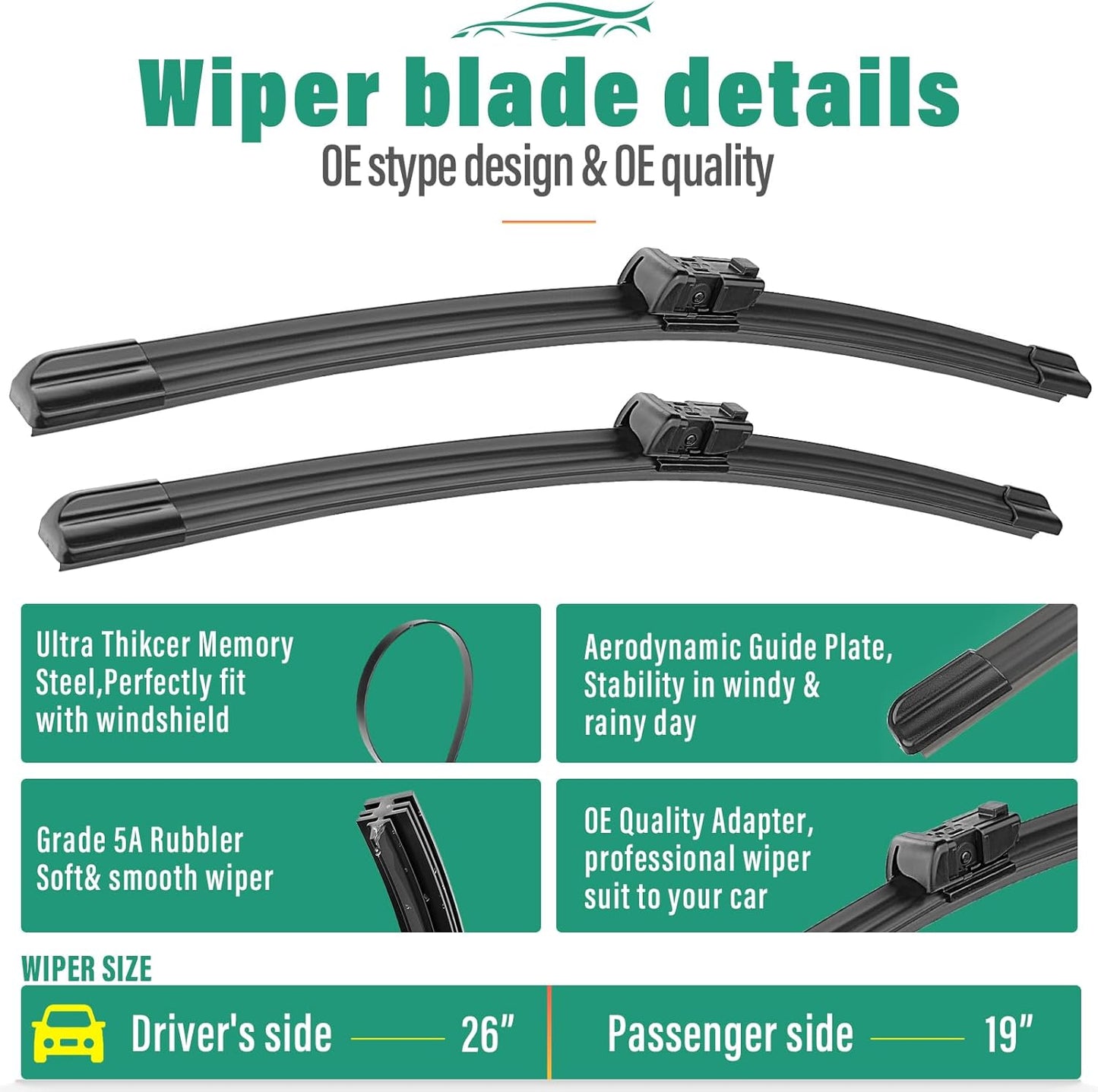 26" 19" 12" Windshield Wiper Blades Replacement for Jaguar F-Pace Fpace 2017 2018 2019 2020 2021 2022 2023 2024 Premium All Weather Front Rear Wipers Set - OEM Quality (Pack of 3)