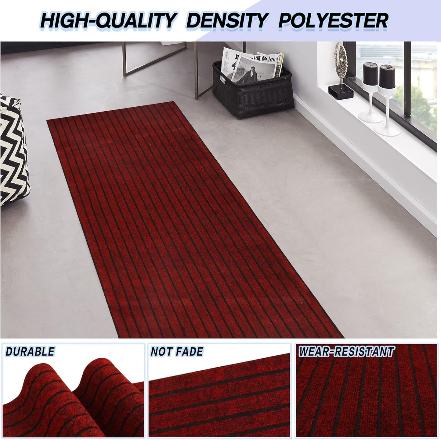 Custom Size Backed Non-Slip Area Rugs Runner, Easy Clean, Waterproof Runner Rugs for Hallway Entryway, Kitchen, Laundry, 3FT x 80FT, Red Stripe