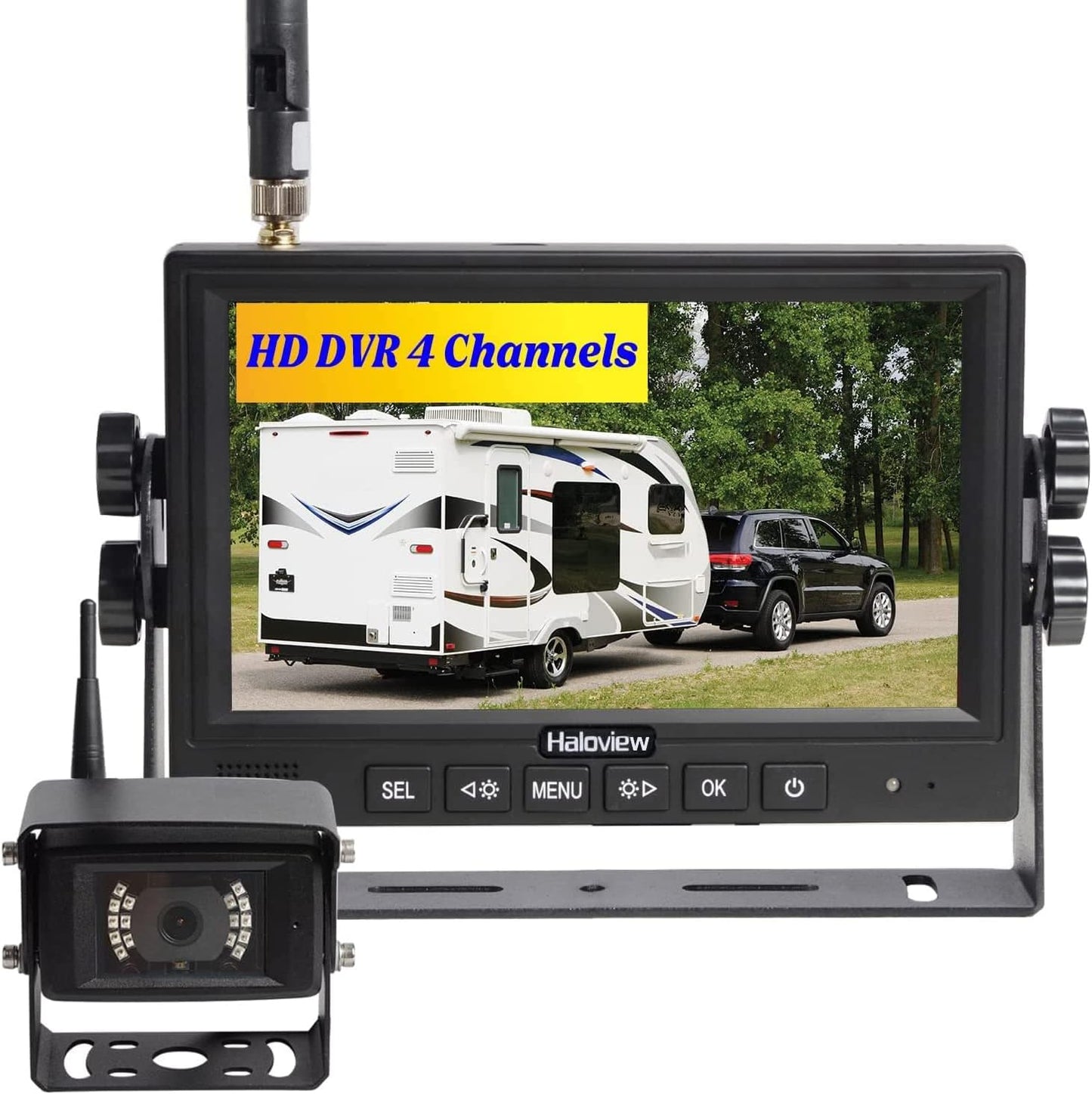 Haloview MC7108 Wireless RV Backup Camera System 7'' Monitor Built in DVR Rear View Camera with Infrared Night Vision and Wide Viewing Angle for Truck/Trailer/RV/Pickups/Camping Car/Van/Farm