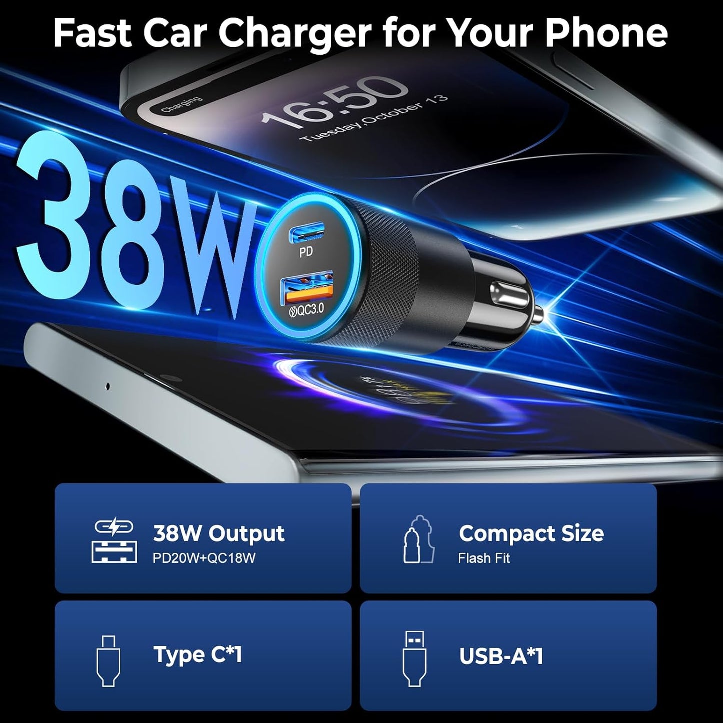 Car Charger USB C 3-Pack, Ancekoy 38W Dual Port PD + QC 3.0 Car Charger Adapter Fast Charging Cigarette Lighter Adapter for iPhone 16 15 14 13 12 11 Pro Max, Samsung, Tablet