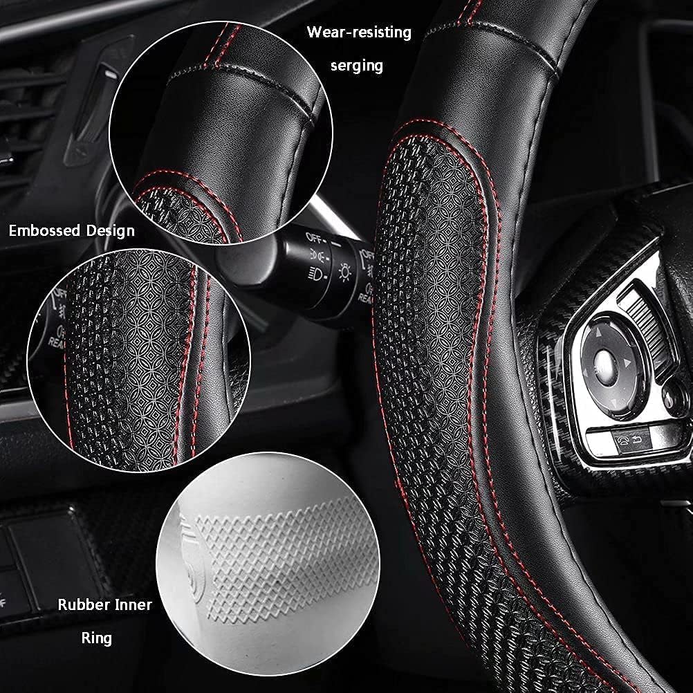 Leather - Car Steering Wheel Cover 15 inch Universal Fit Microfiber Steering Wheel Cover Anti-Slip, Soft, Breathable, Full Surround Car Wheel Cover (Red)