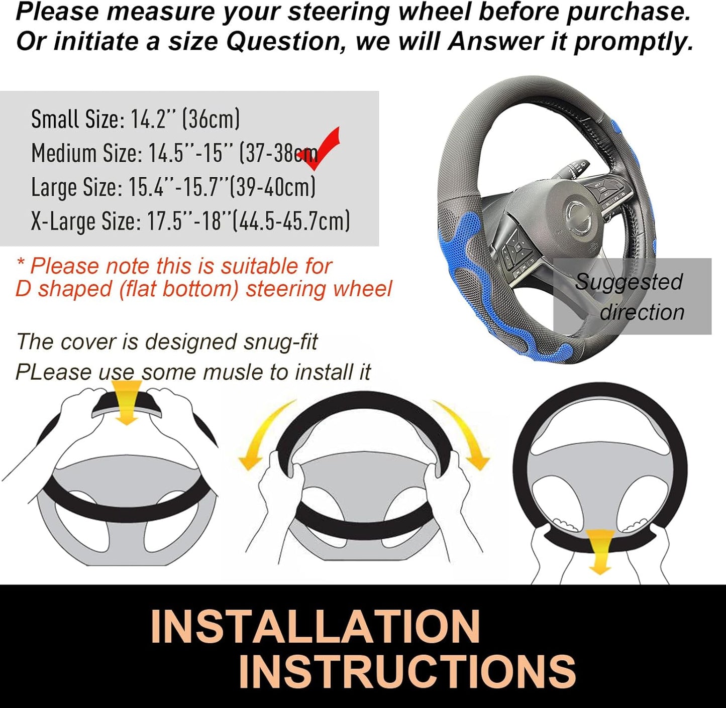 PINCTROT D Shaped Comfy Grip Steering Wheel Cover, Anti-Slip Design, Flat Bottom 14.5-15 Inch(Silicone Blue)