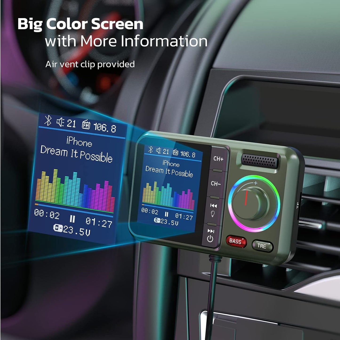 Nulaxy Bluetooth FM Transmitter for Car, Wireless Car Bluetooth Adapter with Big Color Screen, Support QC3.0 Fast Charging, Hands-Free Call, MP3 Music Player BASS&TRE Booster, TF Card AUX-KM28 Green