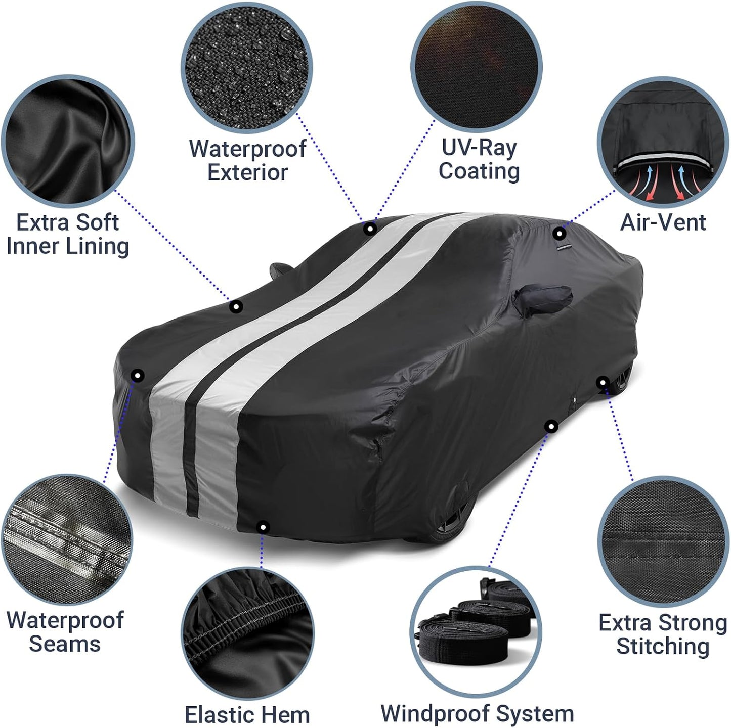 iCarCover Custom Car Cover for Chevy Monte Carlo (1995-2007) Waterproof All Weather Rain Snow UV Sun Protector Full Exterior Indoor Outdoor Car Cover (Stripe - Black/Gray)