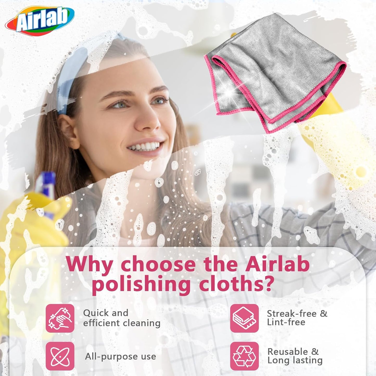 Glass Polishing Cloth Streak Free Miracle Microfiber Cleaning Cloth Lint Free Cleaning Rags for Glasses Kitchen Dish Mirrors Easy Clean, Pack of 6, 12" x 12", Sliver-Pink