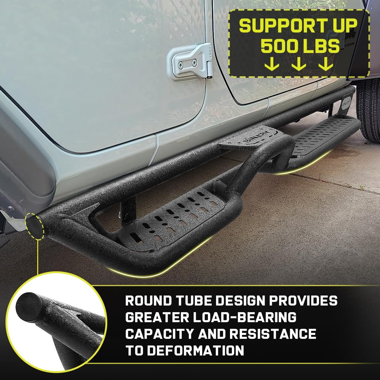 BINARY STAR Running Boards Compatible with Vehicle 2007-2018 Jeep Wrangler JK 4 Doors, 6 Inch Two-Stair Side Steps Nerf Bars, Wrangler Step Bars JKU Step Rails, Carbon Steel Running Boards & Steps.