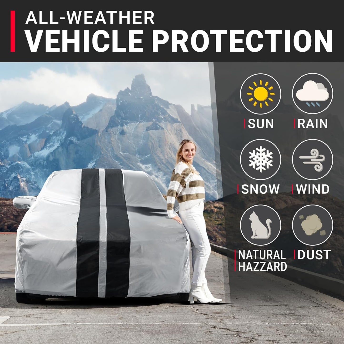 iCarCover Custom Car Cover for Chevy Cavalier (1988-2005) Waterproof All Weather Rain Snow UV Sun Protector Full Exterior Indoor Outdoor Car Cover (Stripe - Gray/Black)