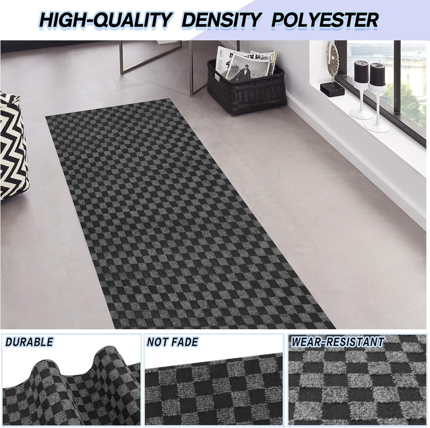 Custom Size Backed Non-Slip Area Rugs Runner, Easy Clean, Waterproof Runner Rugs for Hallway Entryway, Kitchen, Laundry, 4FT x 11FT, Gray Checkered