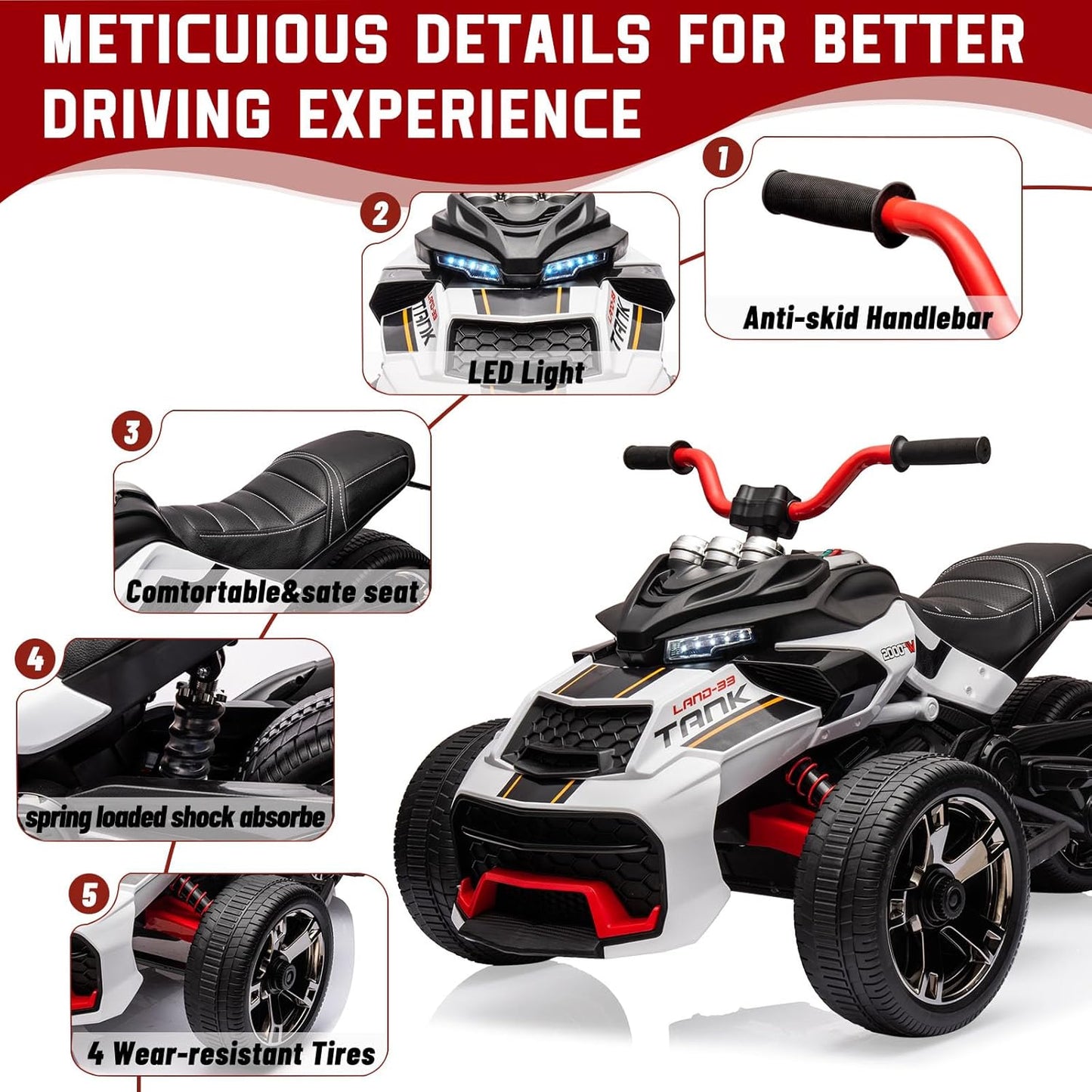 12V Kids Electric Ride-On Car with Parent Remote Control, 7MPH, 2 Speeds, 2x55W Motor, LED Lights, Music, USB & EVA Tires, 3 Wheel Battery Powered Toy Vehicle for Toddlers (White1)