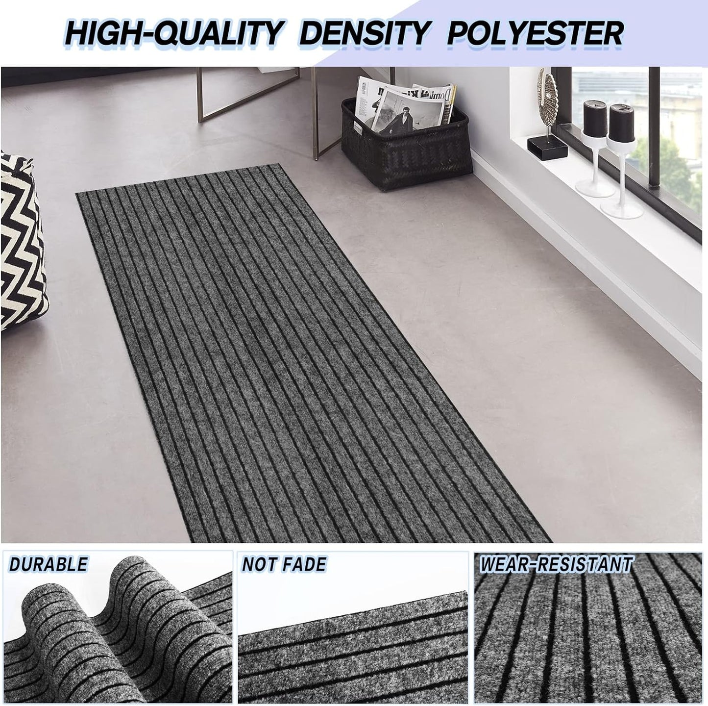 Custom Size Backed Non-Slip Area Rugs Runner, Easy Clean, Waterproof Runner Rugs for Hallway Entryway, Kitchen, Laundry, 3FT x 72FT, Gray Stripe