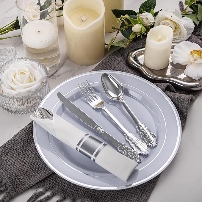 WELLIFE 50 Pack Silver Plastic Silverware, Plastic Cutlery Set Include 50 Forks, 50 Knives, 50 Spoons and 50 Pre Rolled Napkins, Disposable Utensils for Party and Wedding