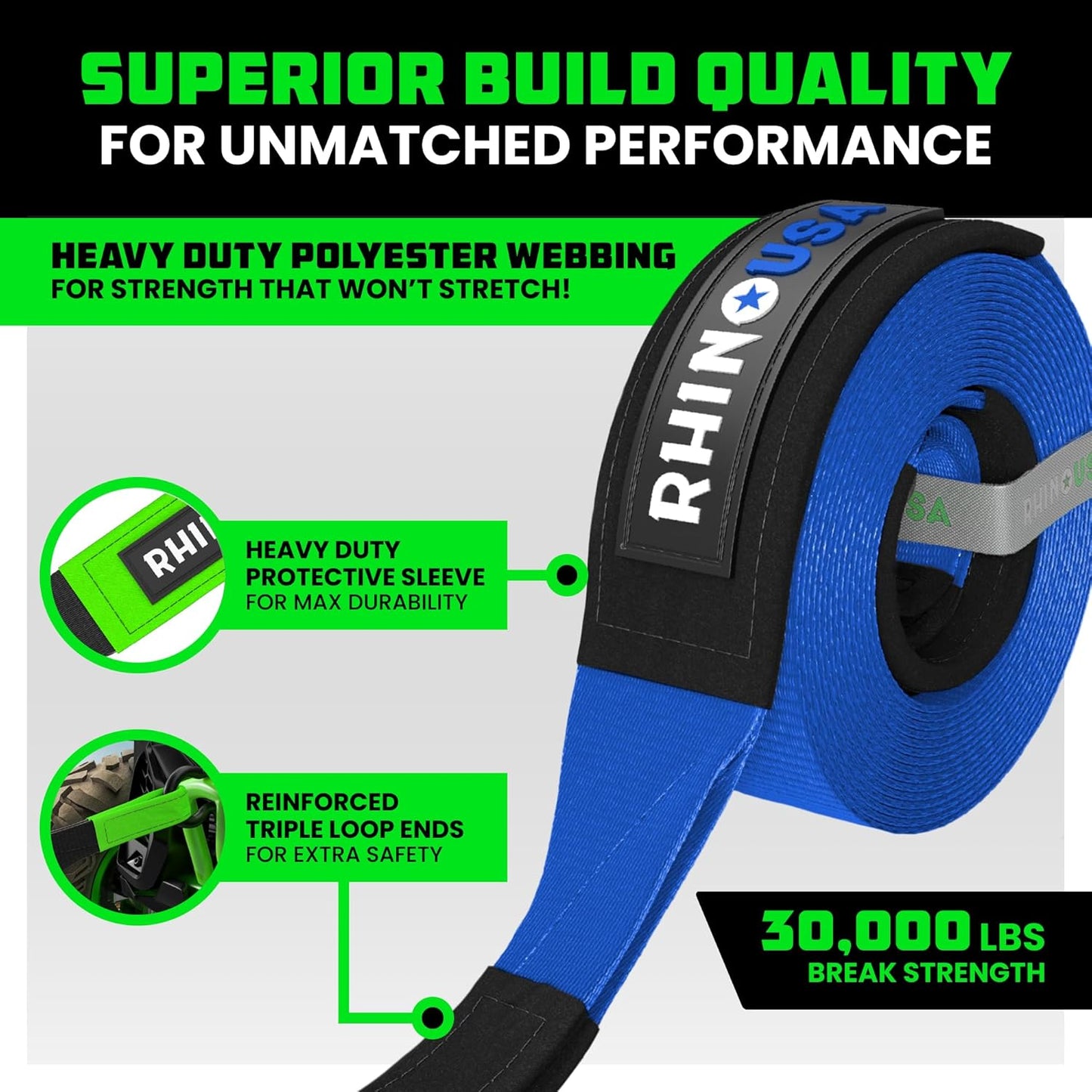 Rhino USA Recovery Tow Strap (3"x30') - 31,518lb Break Strength- Emergency Recovery Strap Tow Rope for Truck, UTV, ATV & More- Heavy Duty Towing Strap for Offroad 4x4 Use - Compatible with Jeep (Blue)