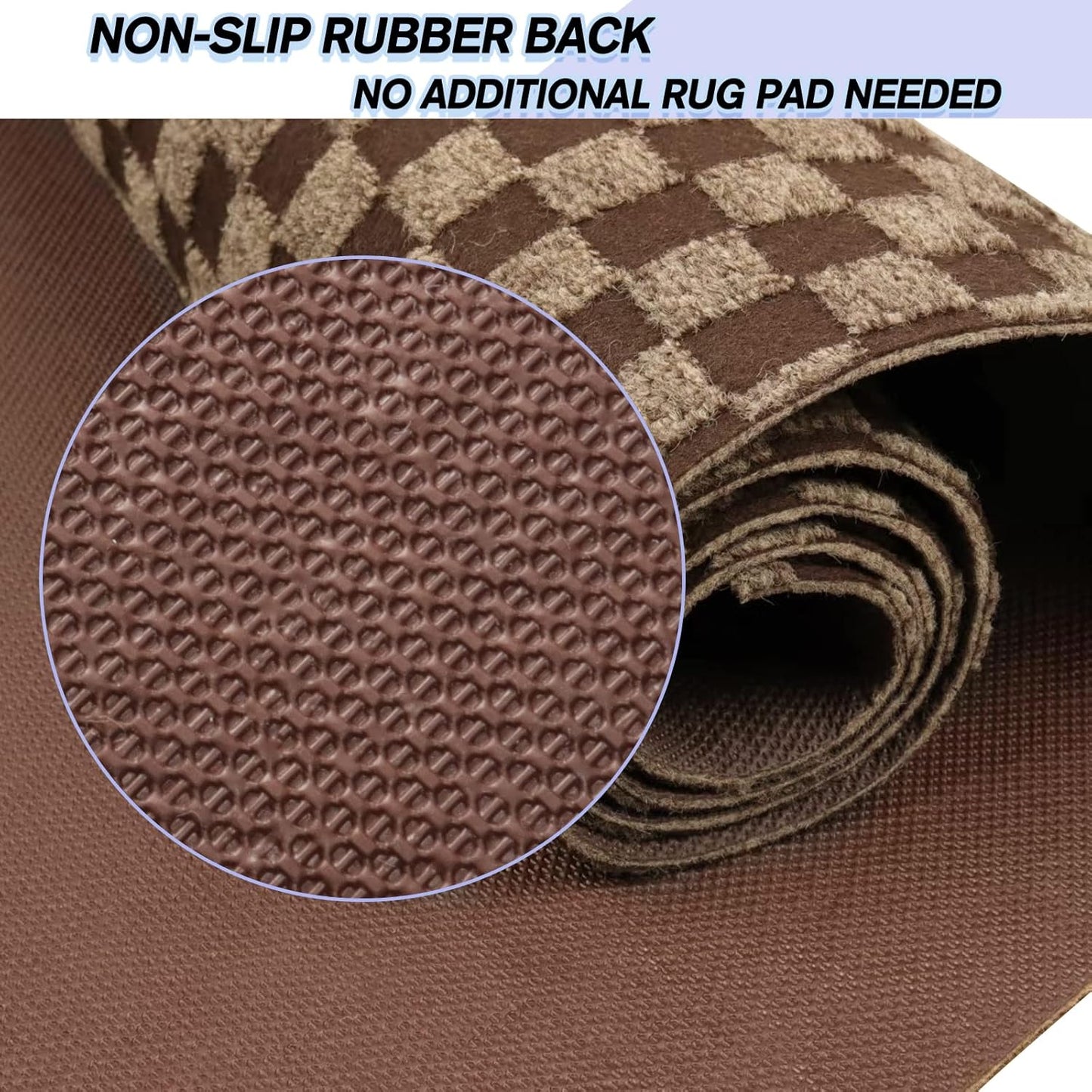 Custom Size Backed Non-Slip Area Rugs Runner, Easy Clean, Waterproof Runner Rugs for Hallway Entryway, Kitchen, Laundry, 4FT x 76FT, Brown Checkered