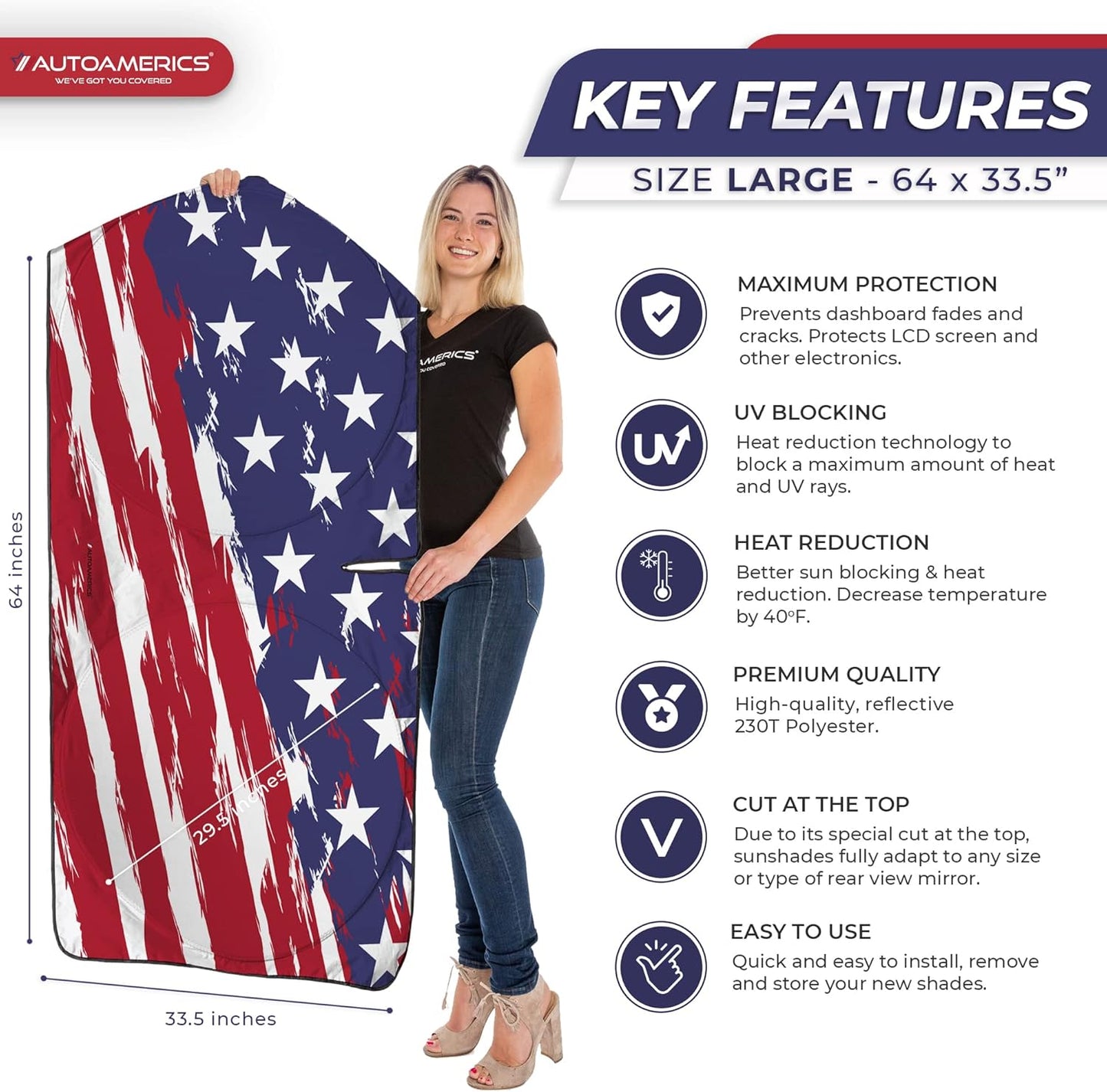 Autoamerics 1-Piece Windshield Sun Shade USA Art Flag - 2 American Design - Foldable Car Front Window Sunshade for Most Sedans SUV Truck - Blocks Max UV Rays and Keeps Your Vehicle Cool - Large