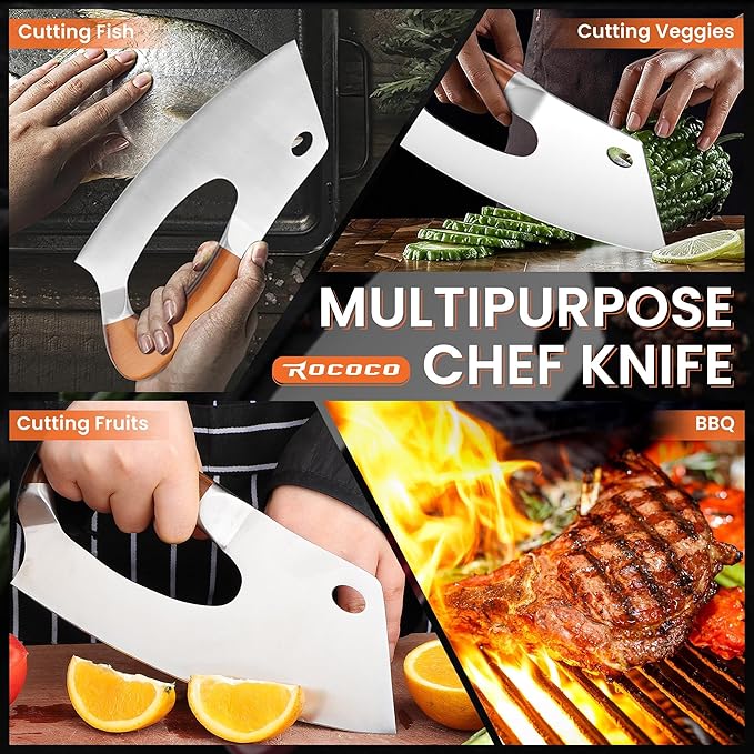ROCOCO Meat Cleaver Knife Unique Effort Saving Kitchen Knife Professional Stainless Steel Chef Cooking Knives for Cutting Meat Vegetable Father Mother Christmas Gift Bronze