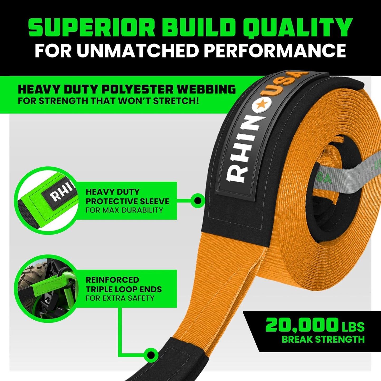 Rhino USA Recovery Tow Strap (2"x20')-20,024lb Break Strength- Emergency Recovery Strap Tow Rope for UTV, ATV & More-Heavy Duty Towing Strap for Offroad 4x4 Use-Compatible with RZR and Can-Am (Orange)