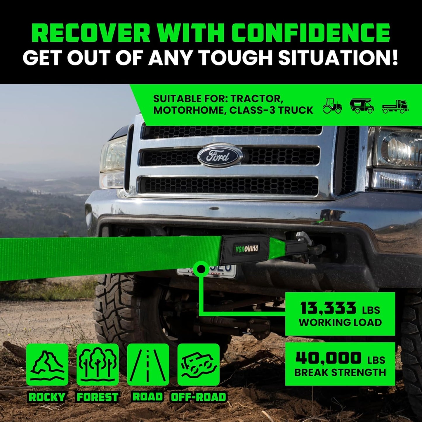 Rhino USA Recovery Tow Strap (4" x 30') - 40,320lb Break Strength - Emergency Recovery Strap Tow Rope for Diesel Trucks, Backhoe, Excavators & More - Heavy Duty Towing Strap for Offroad 4x4 Use