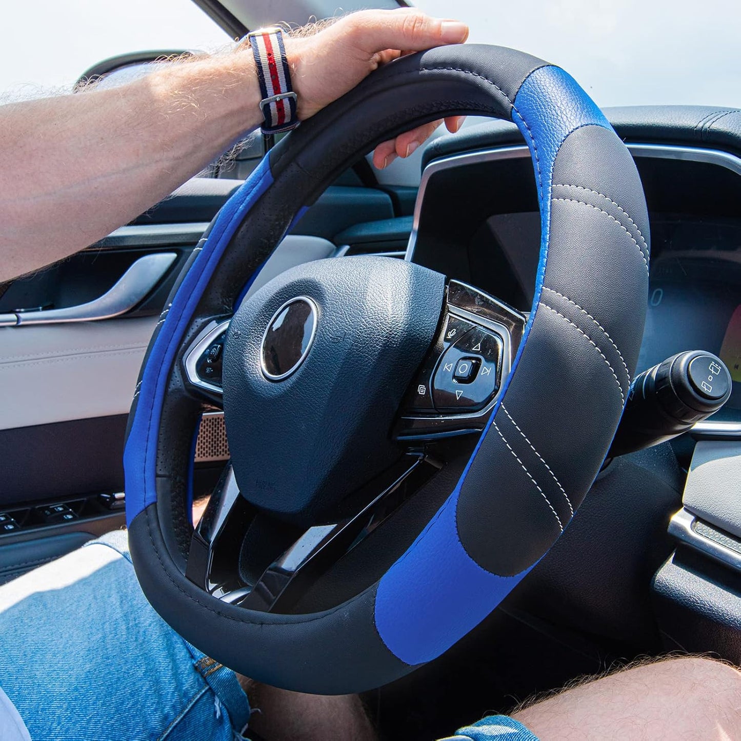 CAR PASS Line Rider Microfiber 15.5-16 Inch Leather Sporty Steering Wheel Cover Universal Fits for Truck SUV Cars Pick up, Anti-Slip Safety Comfortable Design (Black and Blue)