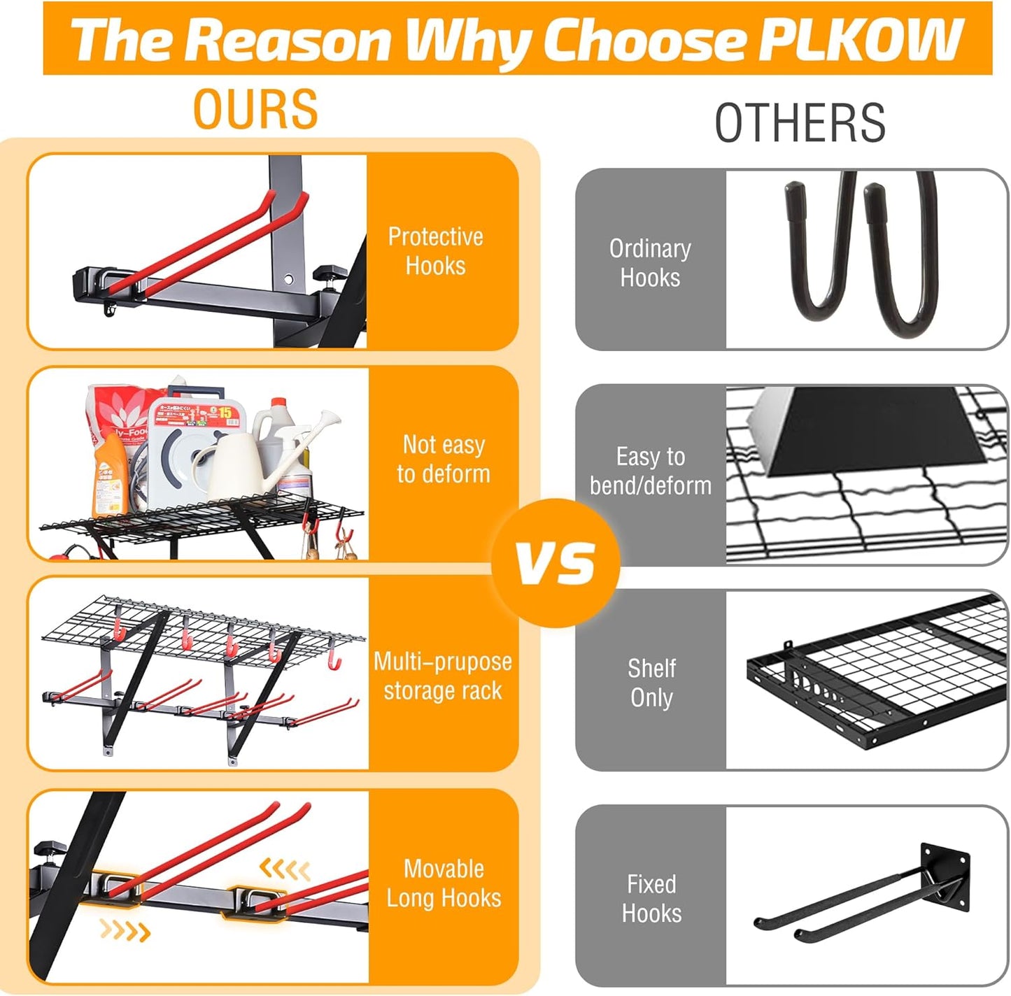 PLKOW Wall-Mounted Ski Rack, Skis Storage Rack for Garage Shed with Top Storage Shelf, Customizable Spacing, Supports Up to 280 lbs, Steel