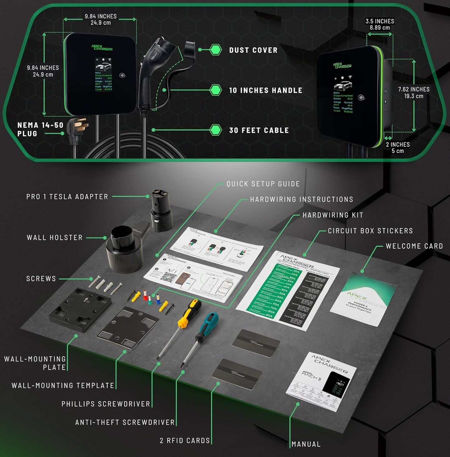 MACH 2:Fast Level 2 EV Charger 48 amp Garage-pro Wall-Mount. Electric Vehicle Charging Station 4 Nema 14-50 Outlet. J1772 car Connector. Key Accessories: 30ft Cable & Tesla NACS evse Portable Adapter