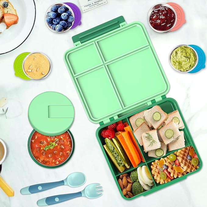 Kids Bento Lunch Box with 8oz Soup Thermo, Kids Leakproof Lunch Food Containers with 4 Compartment,Insulated Hot Food Jar with Lunch Bag for School, Travel (Green)
