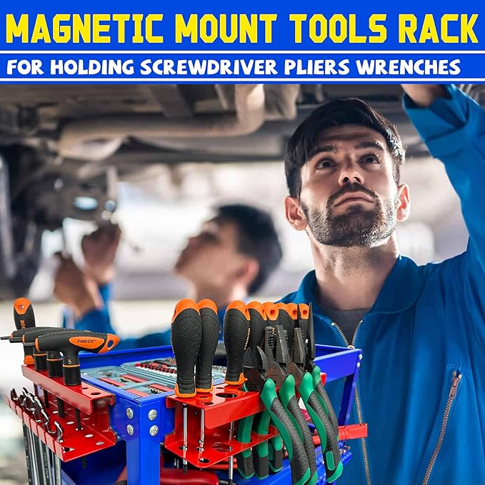 ULIBERMAGNET Magnetic Screwdriver Holder,Magnetic Wrench Holder,Heavy Duty Red Metal Hand Tool Storage Organizer,Set of 2 Magnetic Mount Tool Holder for Garage,Workbench,Tool Cart,PegBoard